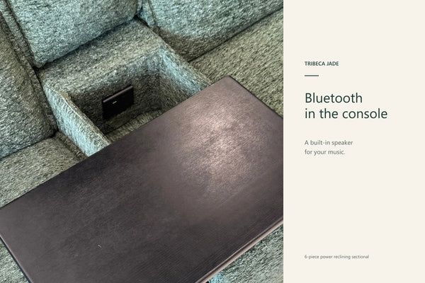 Built-in Bluetooth speaker inside the Tribeca Jade tray-table console