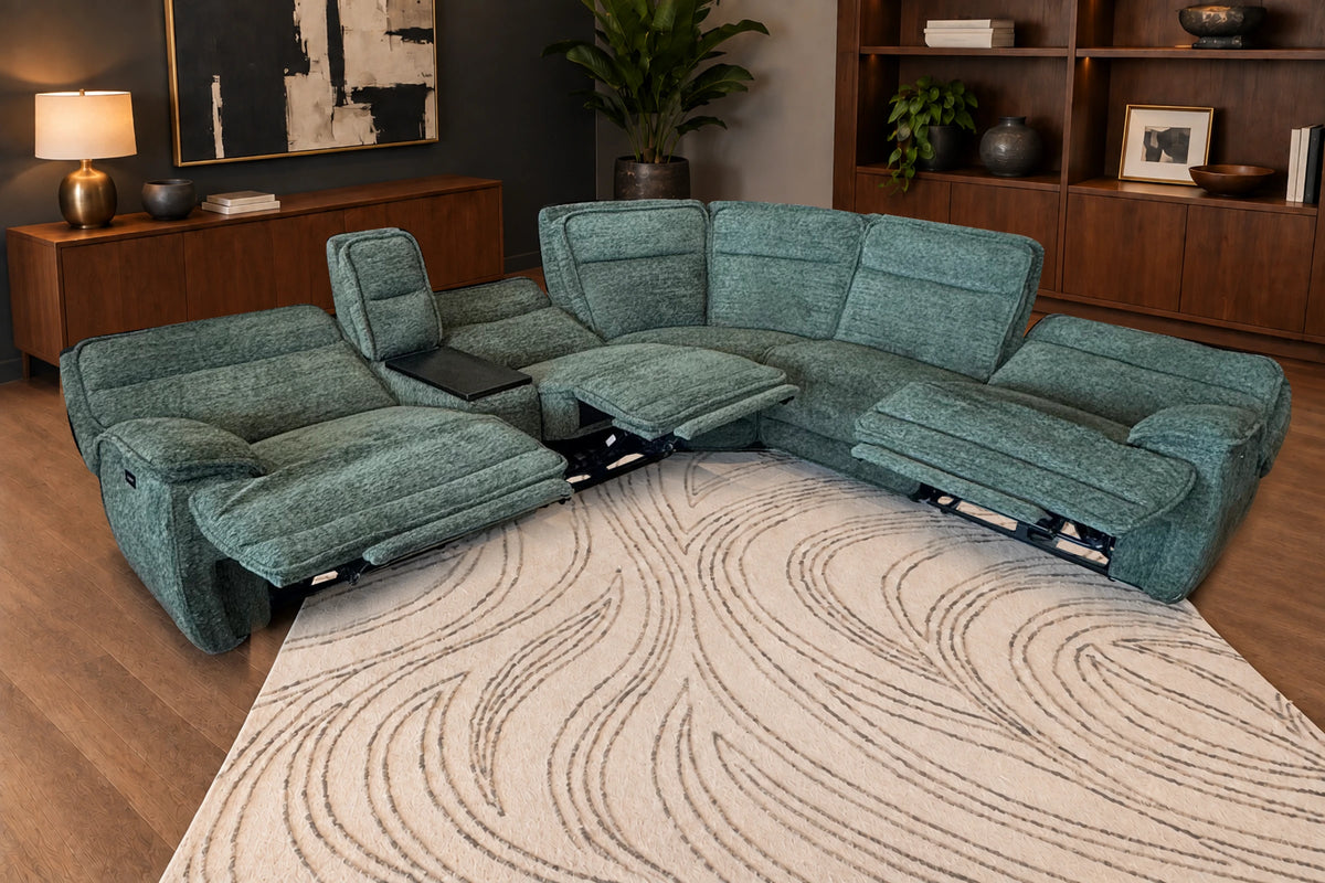 Tribeca Jade sectional with footrests extended in a charcoal-accented living room