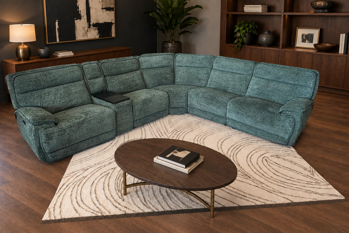Tribeca Jade sectional upright in a charcoal-accented living room