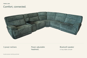 Tribeca Jade features: three power recliners, power-adjustable headrests and Bluetooth speaker in tray-table console