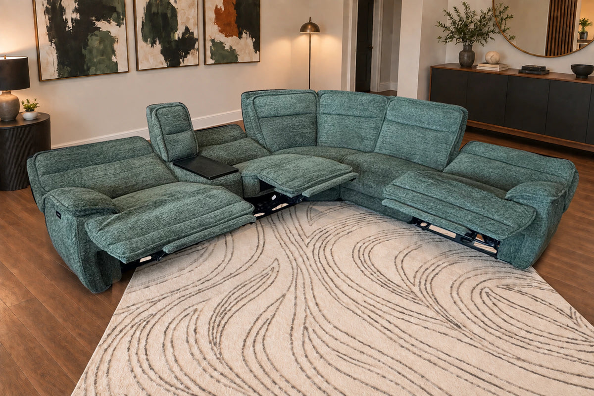Tribeca Jade sectional reclined in a bright living room