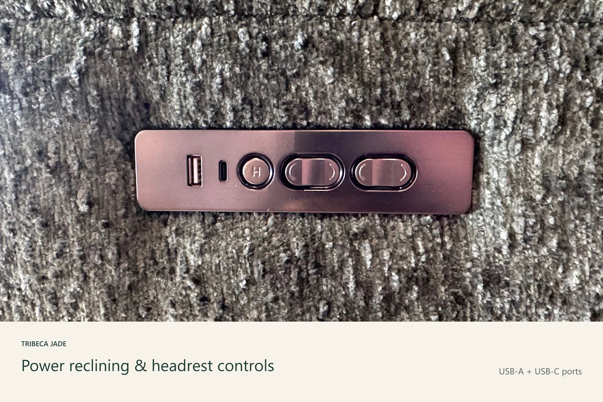 Tribeca Jade power reclining and headrest controls with USB-A and USB-C ports