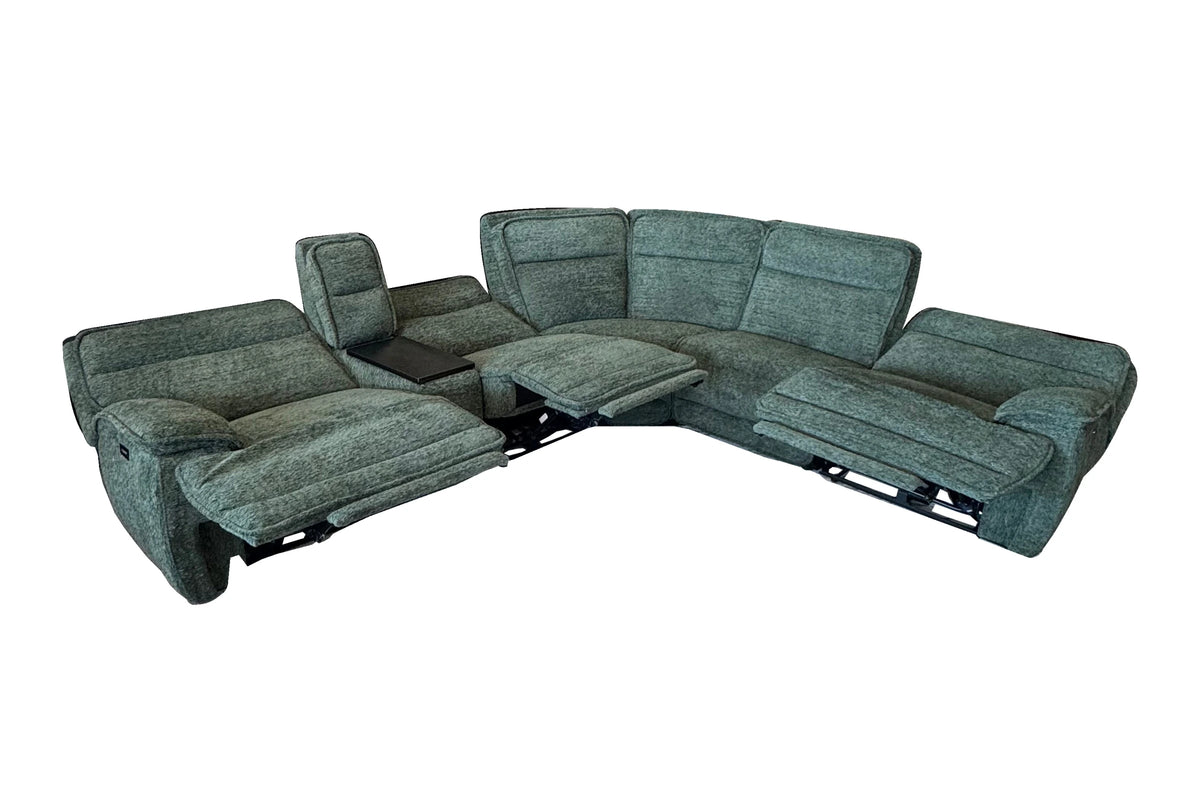 Tribeca Jade sectional with three reclining footrests extended on a white background