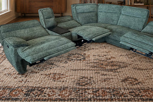 Close-up of an extended power recliner on the Tribeca Jade sectional