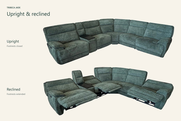 Tribeca Jade sectional comparison: upright with footrests closed and reclined with three footrests extended