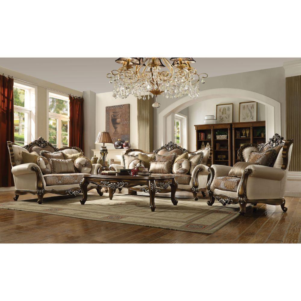 ACME - Latisha - Loveseat - Tan, Pattern Fabric & Antique Oak - 5th Avenue Furniture