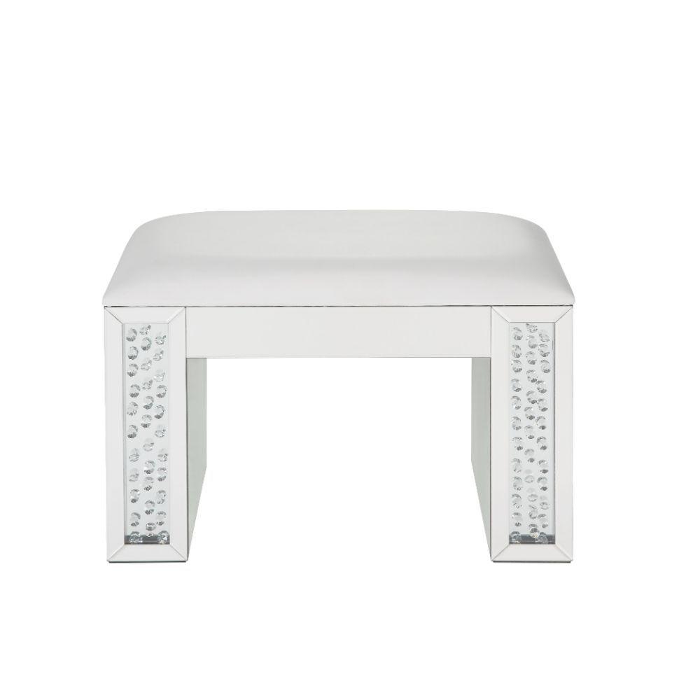 ACME - Nysa - Vanity Stool - Ivory PU, Mirrored & Faux Crystals - 5th Avenue Furniture