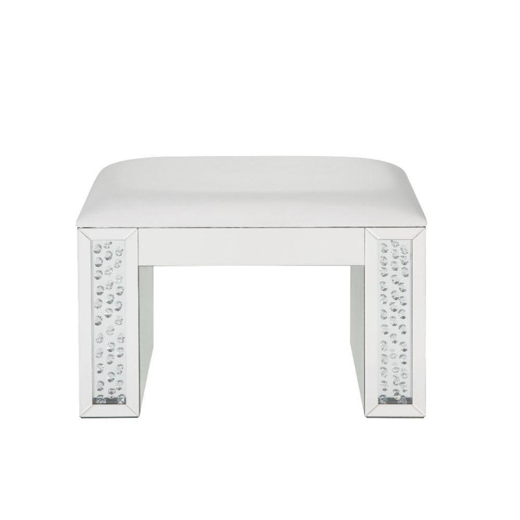 ACME - Nysa - Vanity Stool - Ivory PU, Mirrored & Faux Crystals - 5th Avenue Furniture