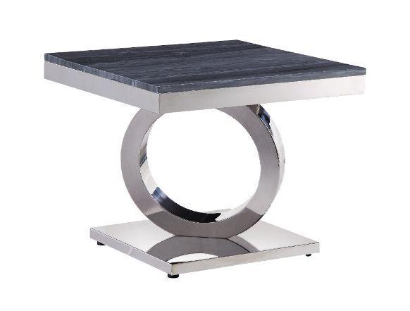 ACME - Zasir - End Table - Gray Printed Faux Marble & Mirrored Silver Finish - 5th Avenue Furniture