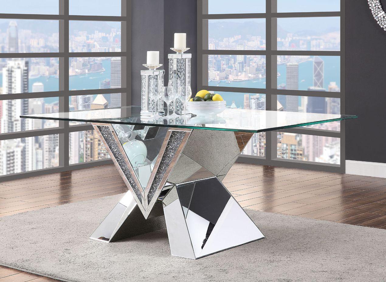 ACME - Noralie - Dining Table - Mirrored, Faux Diamonds & Clear Glass - 30" - 5th Avenue Furniture