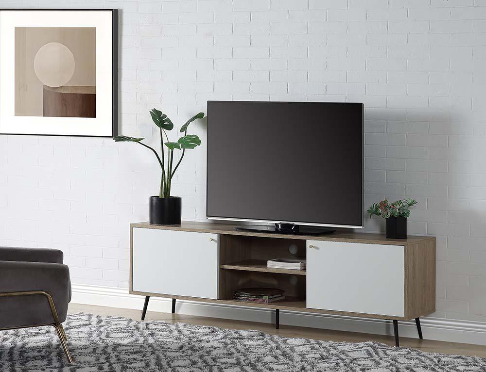 ACME - Wafiya - TV Stand - Rustic Oak, White & Black Finish - 5th Avenue Furniture