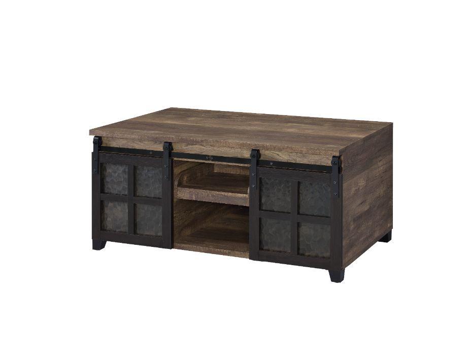 ACME - Nineel - Coffee Table - Obscure Glass, Rustic Oak & Black Finish - 5th Avenue Furniture