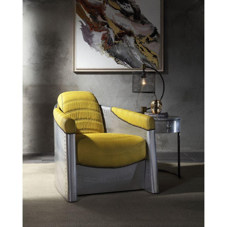 ACME - Brancaster - Accent Chair - Yellow Top Grain Leather & Aluminum - 5th Avenue Furniture