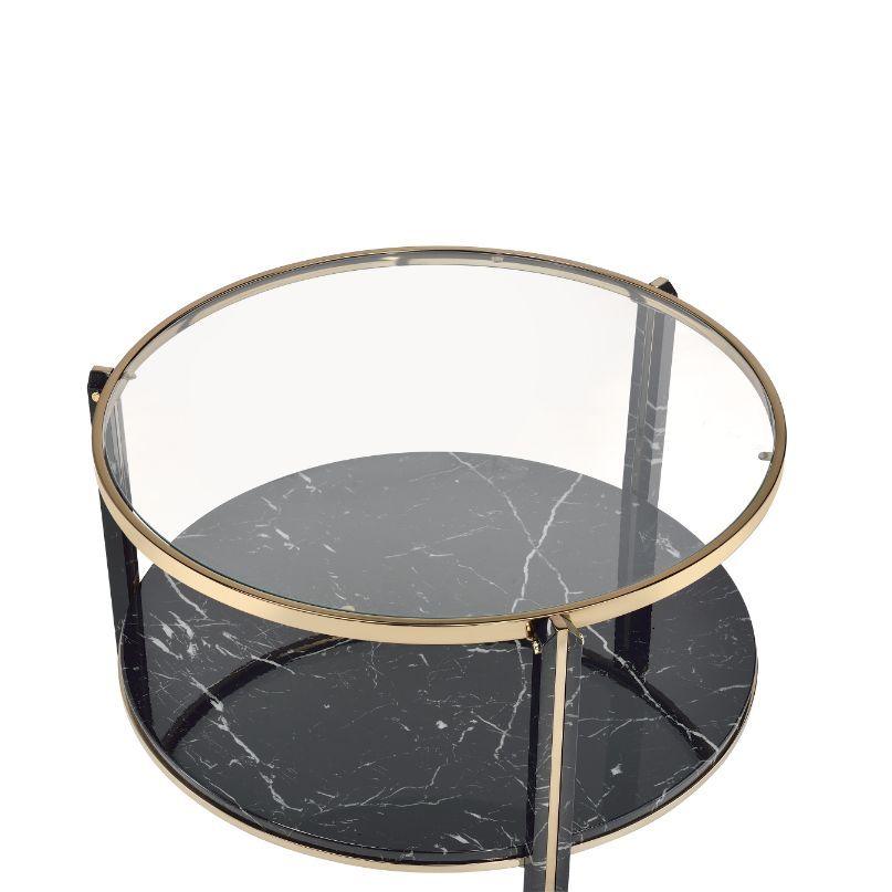 ACME - Thistle - Coffee Table - Clear Glass, Faux Black Marble & Champagne Finish - 5th Avenue Furniture