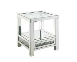 ACME - Noralie - End Table With Glass Top - Mirrored & Faux Diamonds - 24" - 5th Avenue Furniture