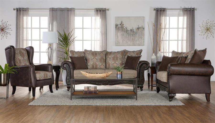 Coaster Fine Furniture - Elmbrook - Upholstered Rolled Arm Sofa With Intricate Wood Carvings - Brown - 5th Avenue Furniture