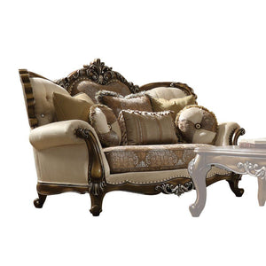 ACME - Latisha - Loveseat - Tan, Pattern Fabric & Antique Oak - 5th Avenue Furniture