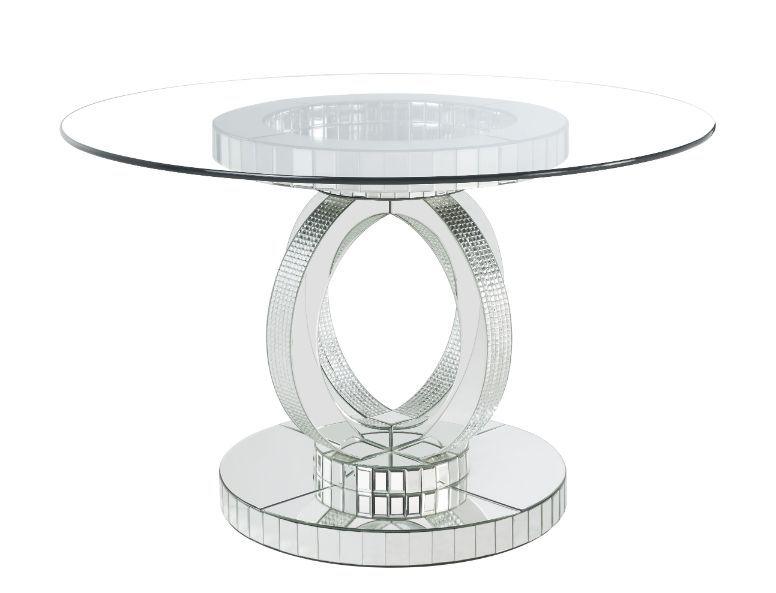 ACME - Ornat - Dining Table - Clear Glass, Mirrored & Faux Diamonds - 30" - 5th Avenue Furniture