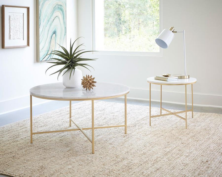 CoasterEssence - Ellison - Round X-Cross End Table - White And Gold - 5th Avenue Furniture