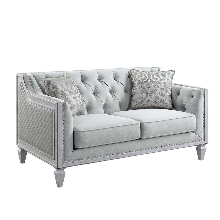 ACME - Katia - Loveseat - Light Gray Linen & Weathered White Finish - 5th Avenue Furniture