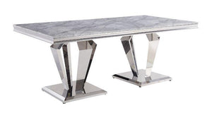 ACME - Satinka - Dining Table - Light Gray Printed Faux Marble & Mirrored Silver Finish - 5th Avenue Furniture