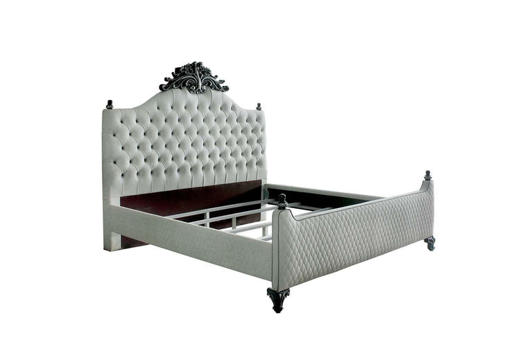 ACME - House - Delphine - Queen Bed - Two Tone Ivory Fabric & Charcoal Finish - 5th Avenue Furniture