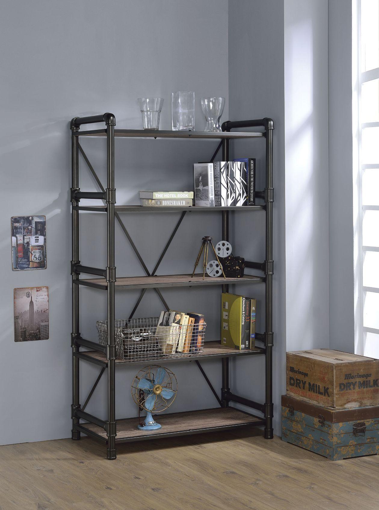 ACME - Caitlin - Bookshelf - Rustic Oak & Black - 5th Avenue Furniture