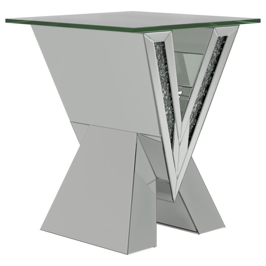 CoasterElevations - Taffeta - V-Shaped End Table With Glass Top - Silver - 5th Avenue Furniture