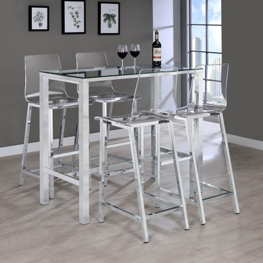 Coaster Fine Furniture - Tolbert - 5 Piece Bar Set With Acrylic Chairs - Clear And Chrome - 5th Avenue Furniture