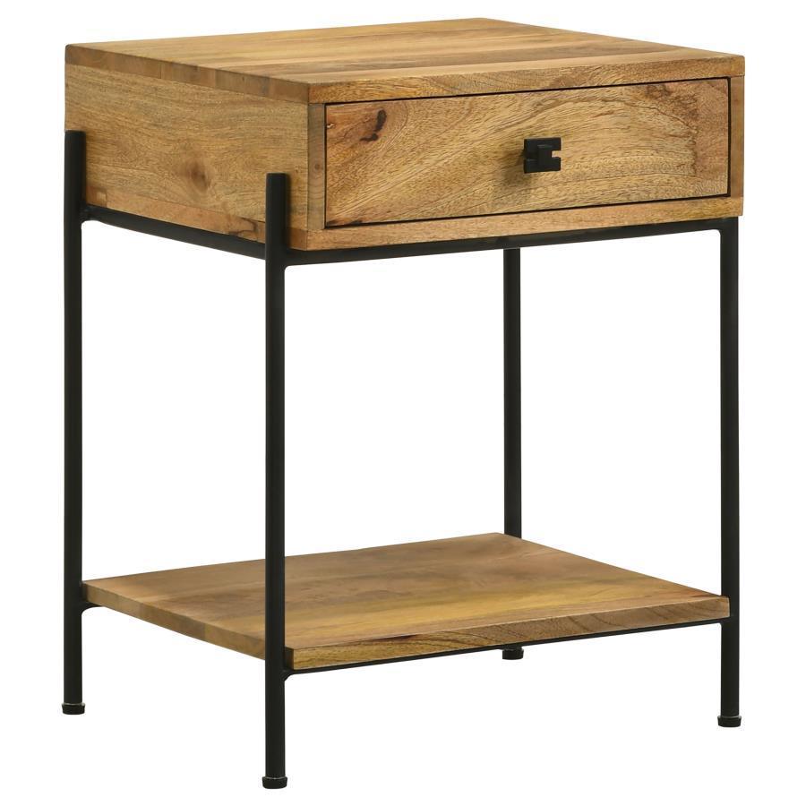 CoasterEssence - Declan - 1-Drawer Accent Table With Open Shelf - Natural Mango And Black - 5th Avenue Furniture