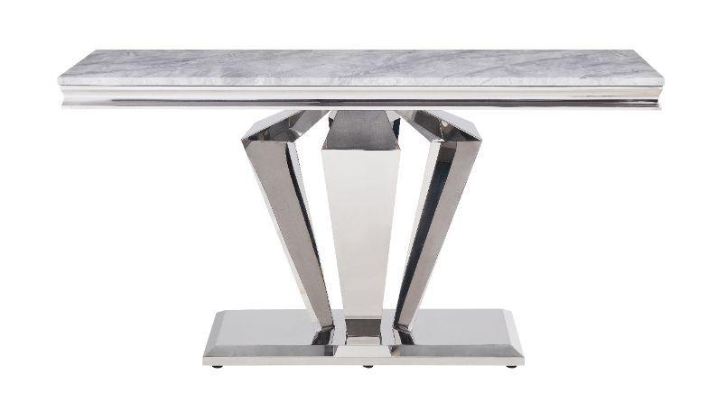 ACME - Satinka - Accent Table - Light Gray Printed Faux Marble & Mirrored Silver Finish - 5th Avenue Furniture