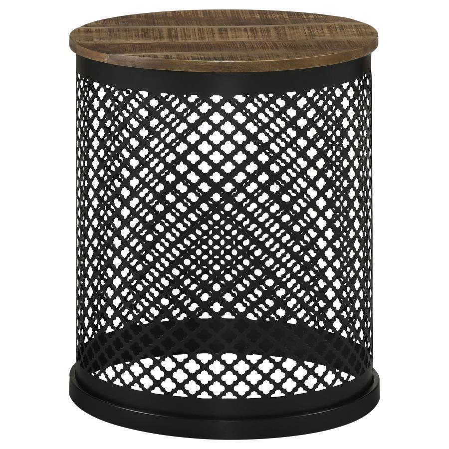 CoasterEssence - Aurora - Round Accent Table With Drum Base - Natural And Black - 5th Avenue Furniture