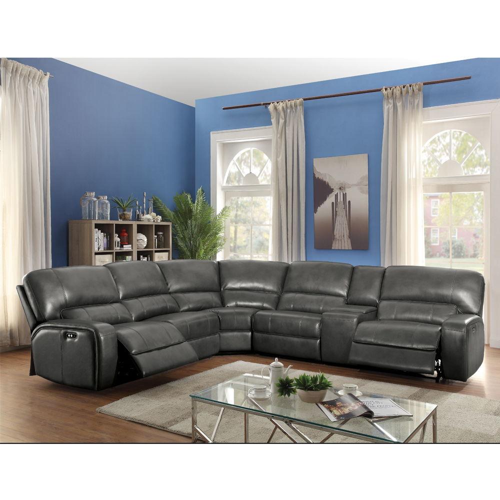 ACME - Saul - Sectional Sofa - Gray Leather-Aire - 5th Avenue Furniture
