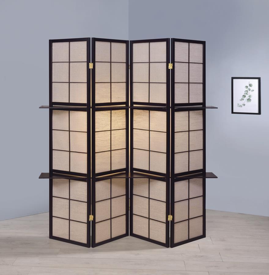 CoasterEveryday - Iggy - 4-Panel Folding Screen With Removable Shelves Tan And - Cappuccino - 5th Avenue Furniture