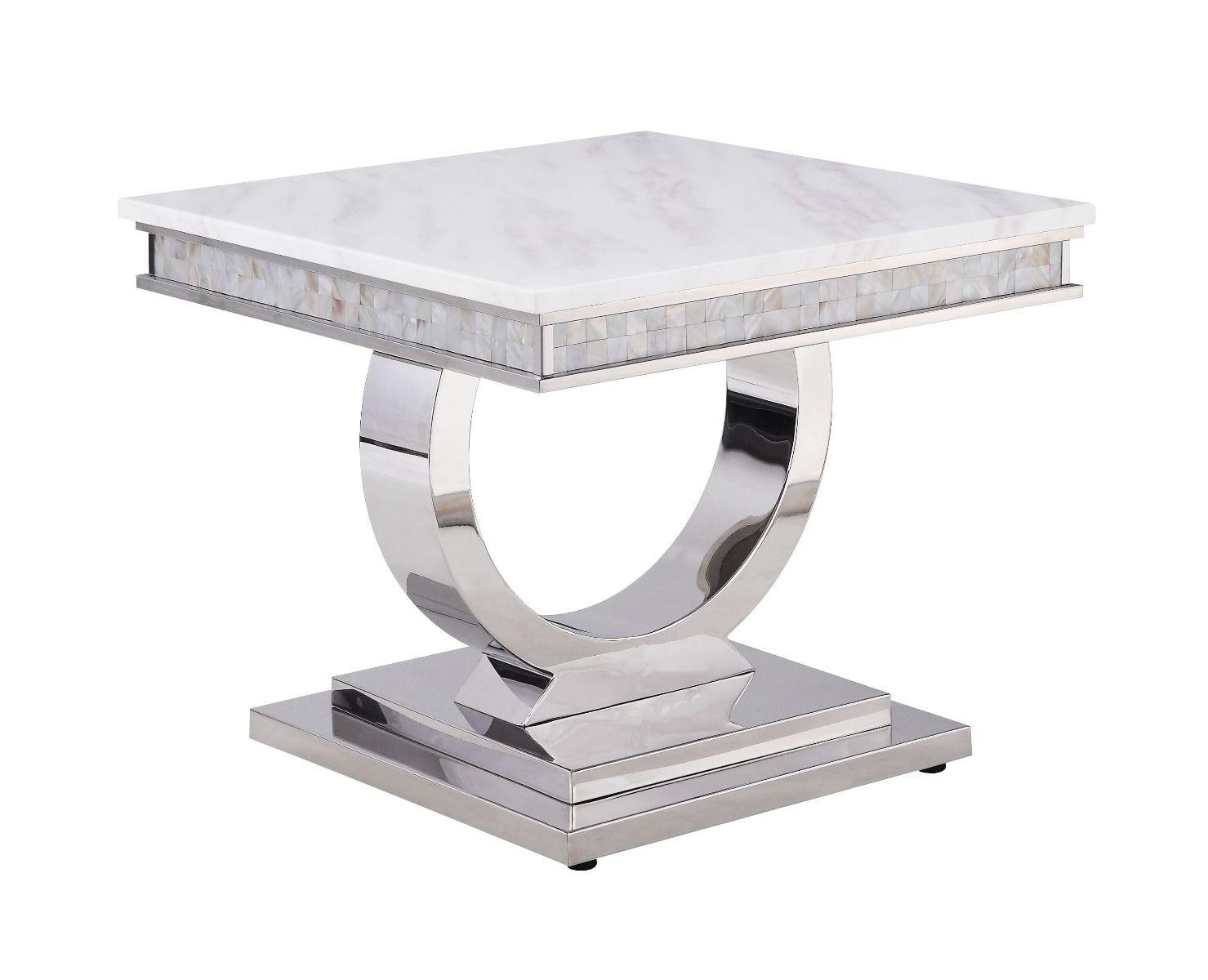 ACME - Zander - Console Table - White Printed Faux Marble & Mirrored Silver Finish - 5th Avenue Furniture