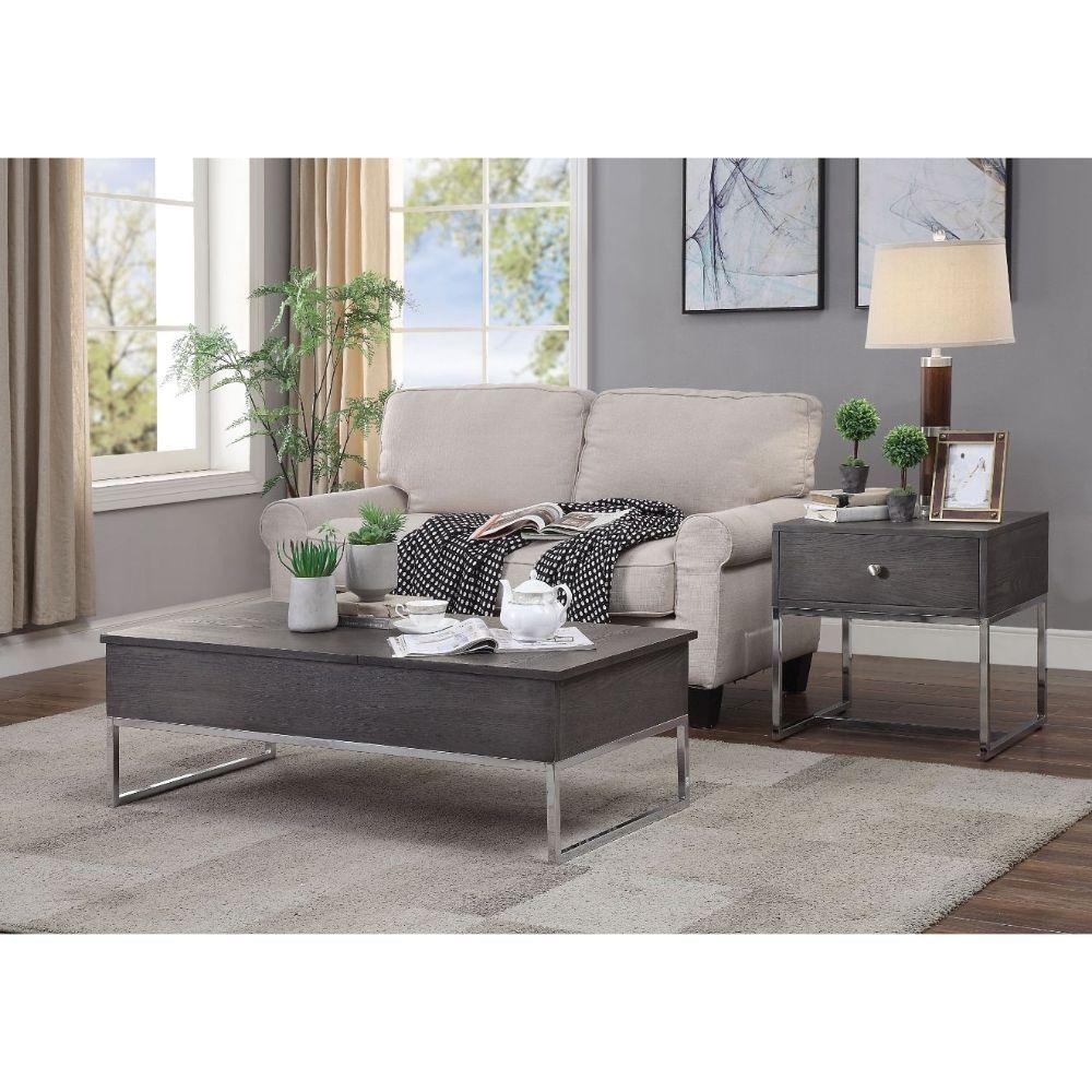 ACME - Iban - Coffee Table - Gray Oak & Chrome - 5th Avenue Furniture