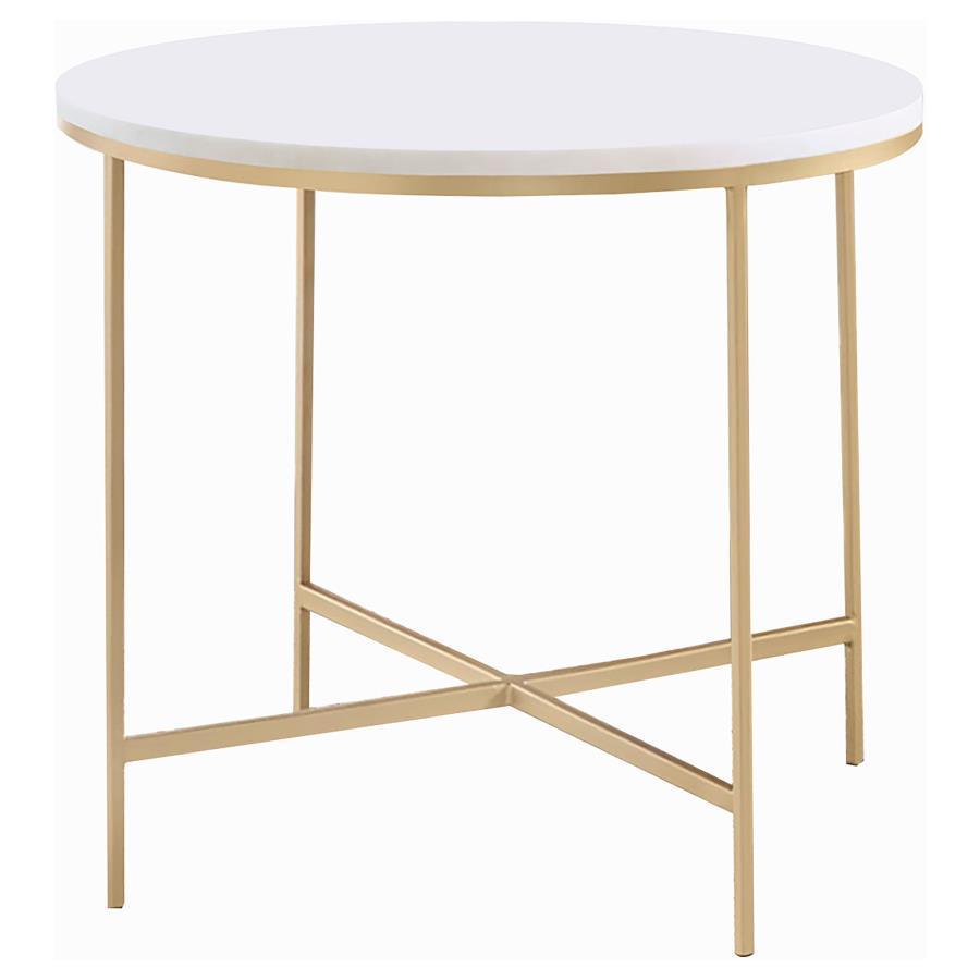 CoasterEssence - Ellison - Round X-Cross End Table - White And Gold - 5th Avenue Furniture