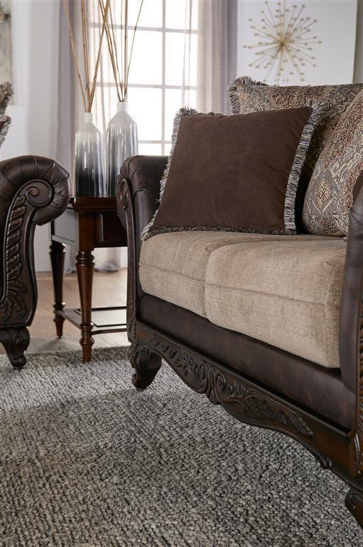 Coaster Fine Furniture - Elmbrook - Upholstered Rolled Arm Loveseat With Intricate Wood Carvings - Brown - 5th Avenue Furniture