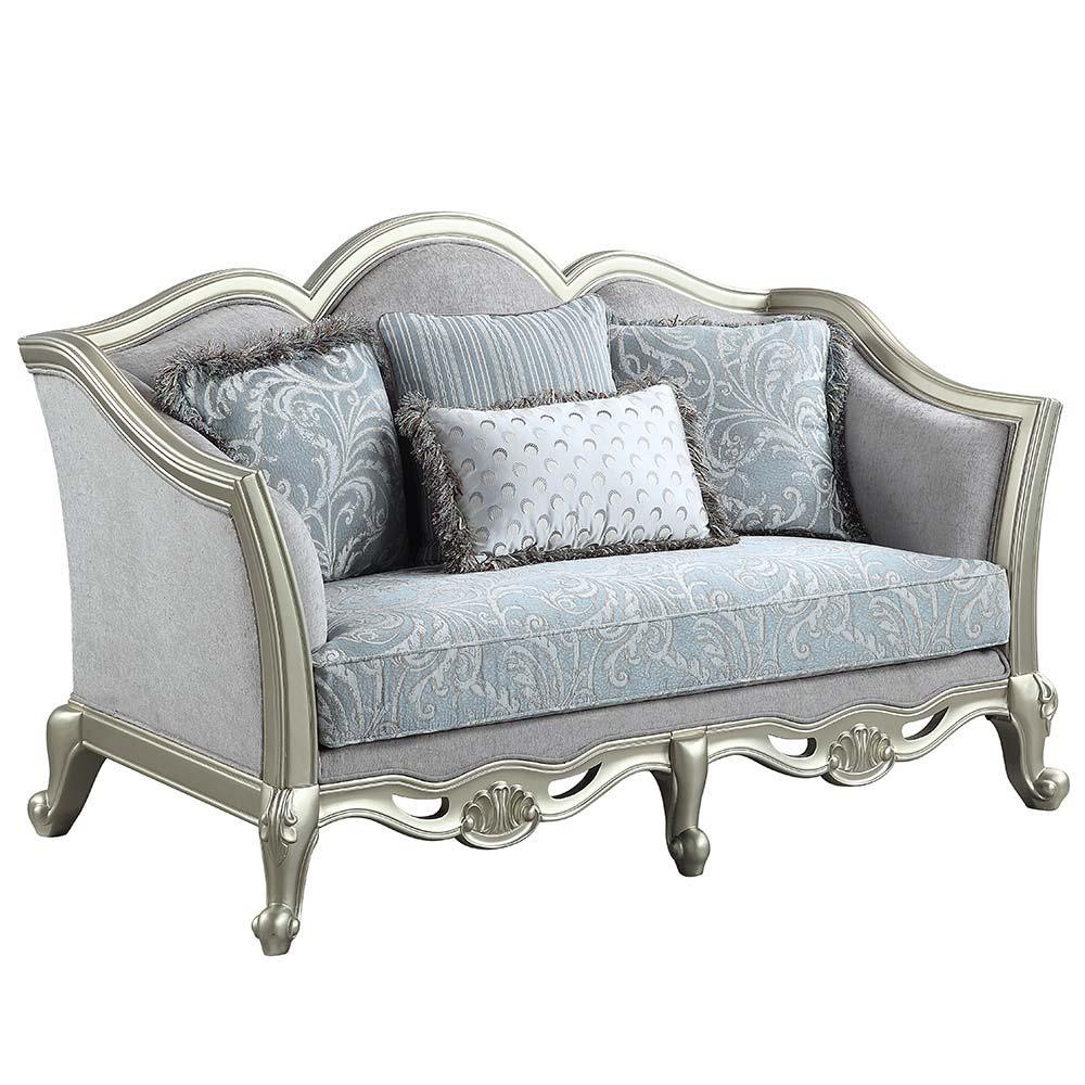 ACME - Qunsia - Loveseat - Light Gray Linen & Champagne Finish - 5th Avenue Furniture