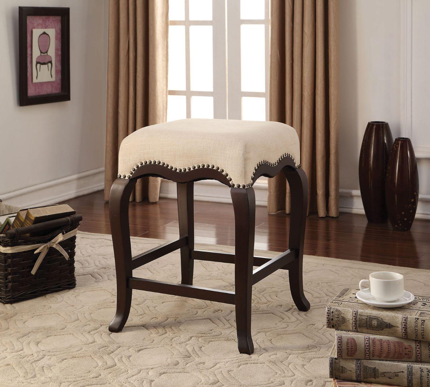 ACME - Kakabel - Stool - Cream Fabric & Espresso - 5th Avenue Furniture