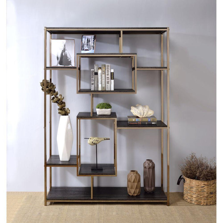 ACME - Scaola - Bookshelf - Rustic Gray Oak & Champagne - 5th Avenue Furniture