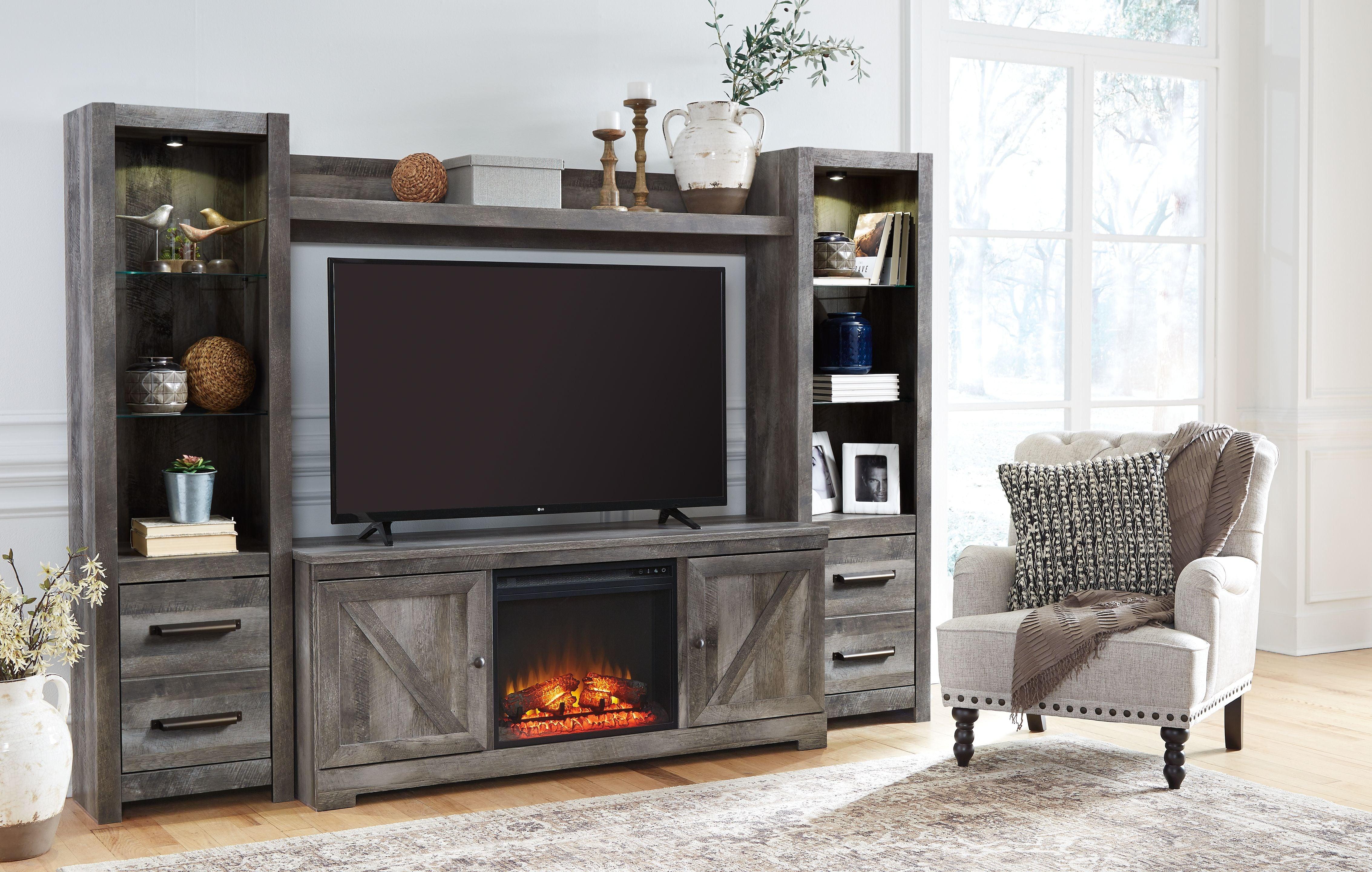 Signature Design by Ashley® - Wynnlow - Gray - Entertainment Center - TV Stand With Glass/Stone Fireplace Insert - 5th Avenue Furniture