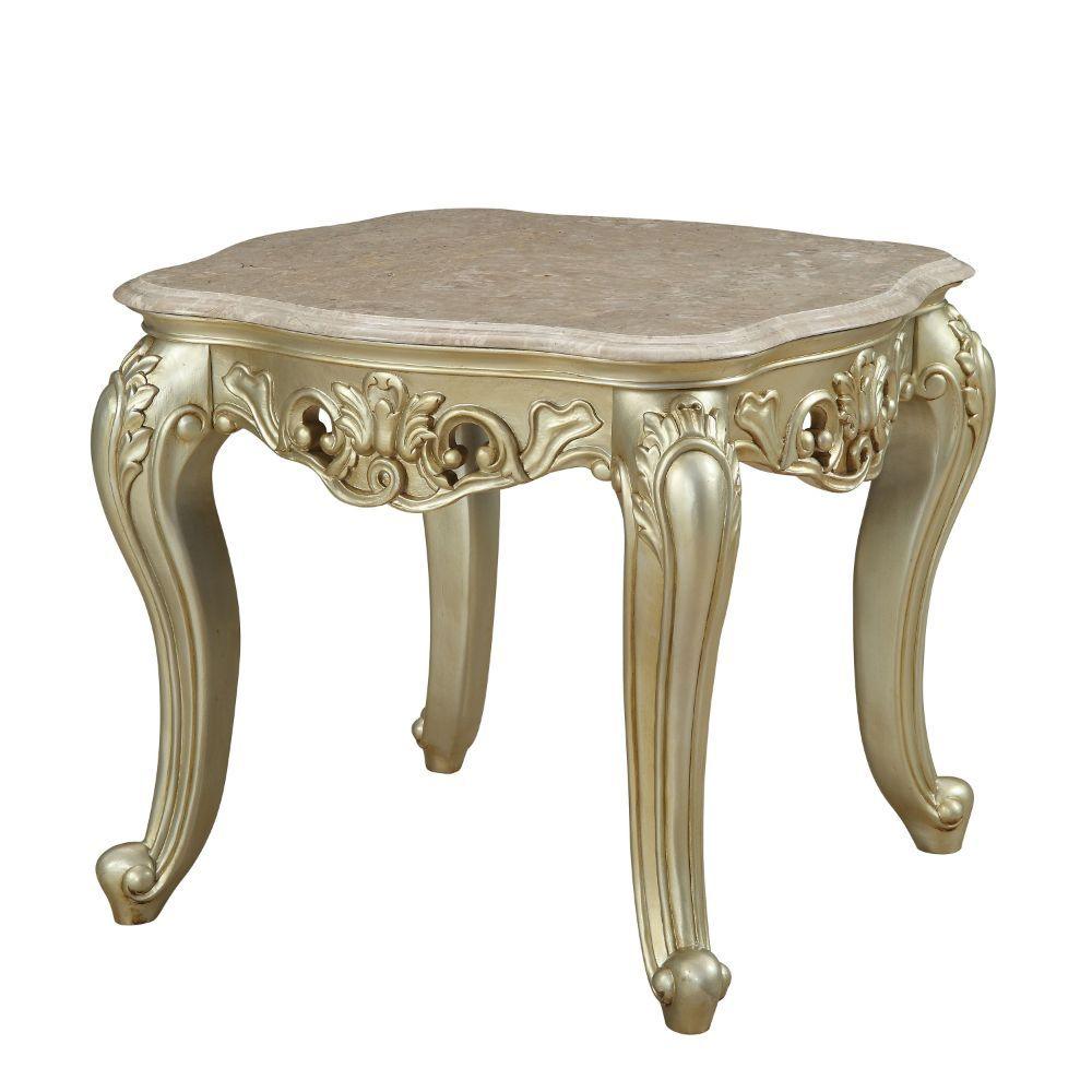 ACME - Gorsedd - End Table - Marble & Antique White - 5th Avenue Furniture