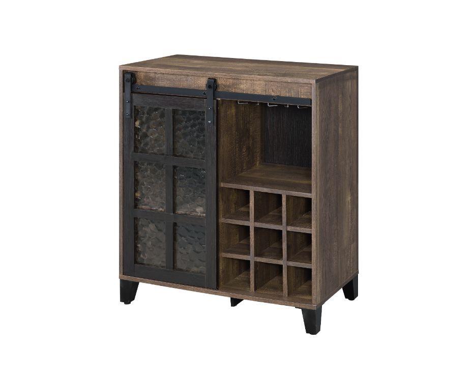 ACME - Treju - Wine Cabinet - Obscure Glass, Rustic Oak & Black Finish - 5th Avenue Furniture