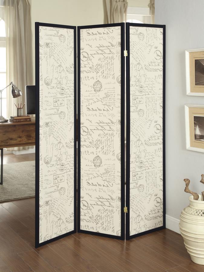 CoasterEveryday - Felice - 3-Panel French Script Print Folding Screen - Espresso - 5th Avenue Furniture