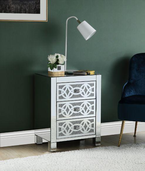 ACME - Noralie - Accent Table With 3 Drawers - Mirrored & Faux Diamonds - 5th Avenue Furniture