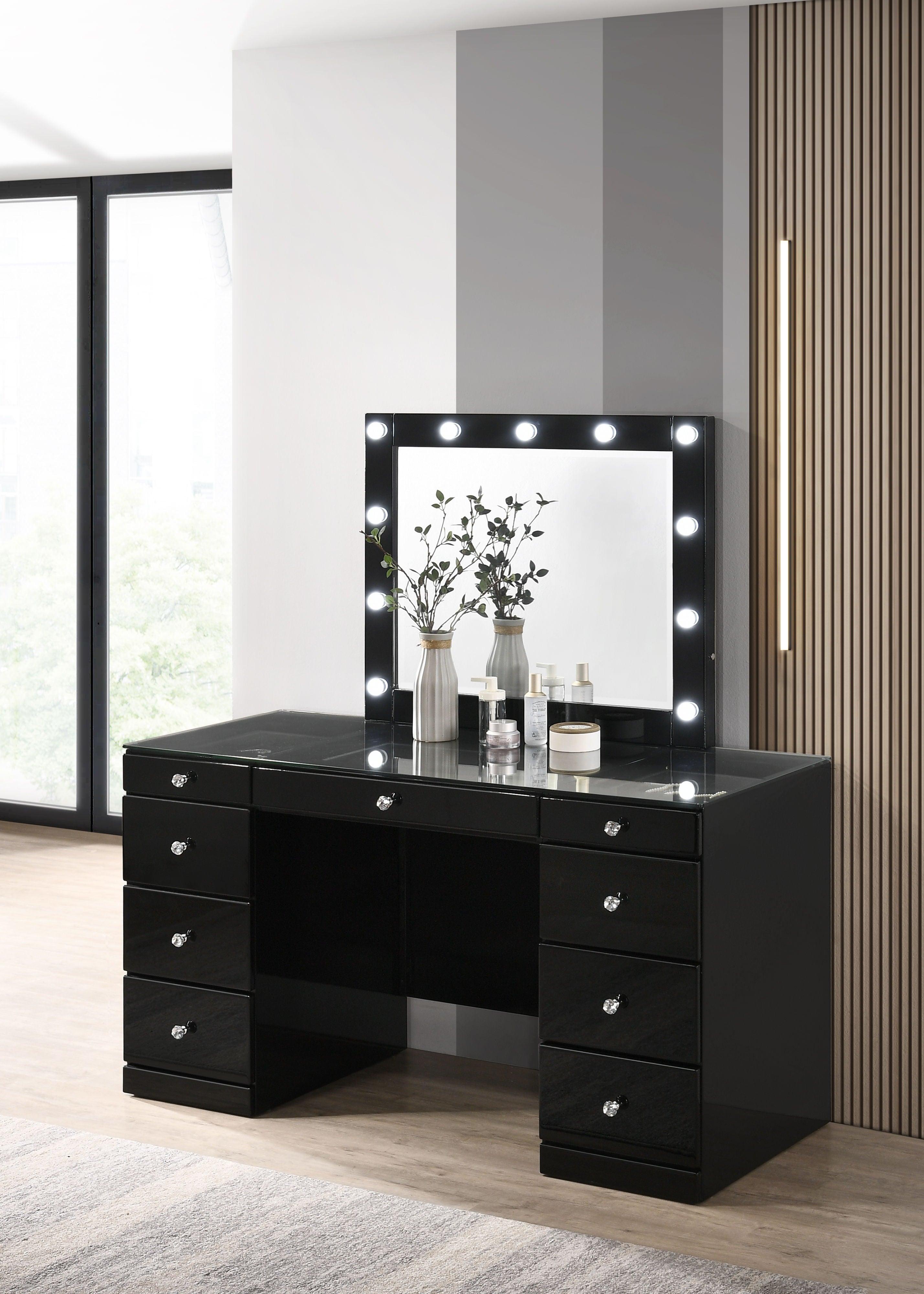 Crown Mark - Avery - Vanity Desk With Glass Top, Led Mirror & Stool - Black - 5th Avenue Furniture