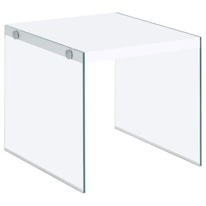 Coaster Fine Furniture - Opal - Square End Table With Clear Glass Legs - White High Gloss - 5th Avenue Furniture