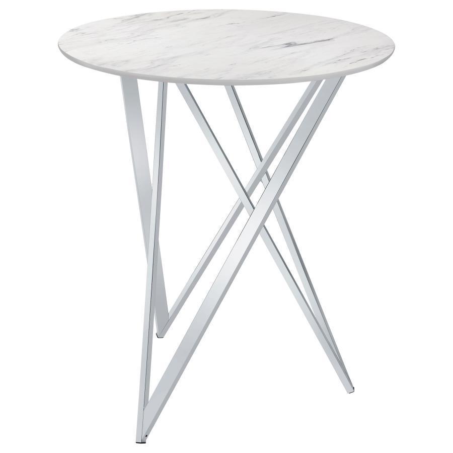 CoasterEveryday - Bexter - Faux Marble Round Top Bar Table - White And Chrome - 5th Avenue Furniture