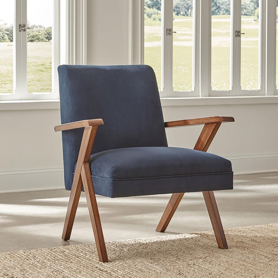 CoasterEssence - Cheryl - Wooden Arms Accent Chair - Dark Blue And Walnut - 5th Avenue Furniture